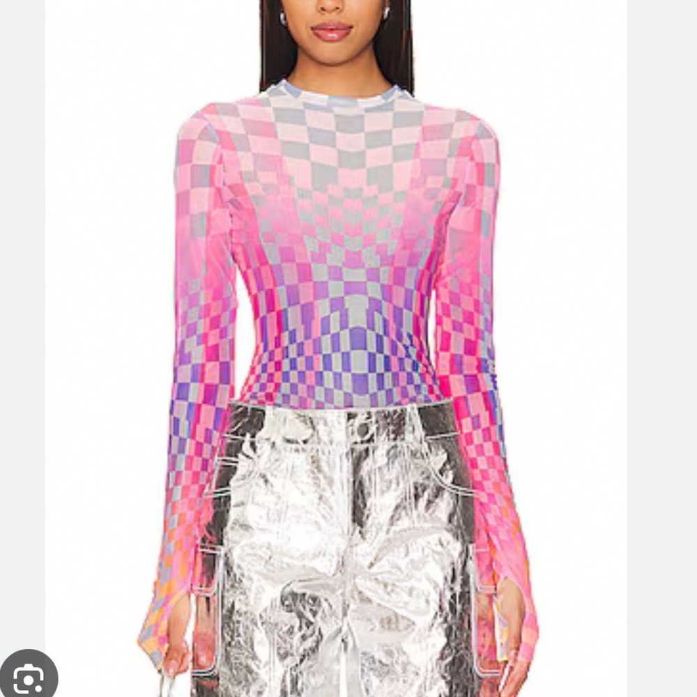 AFRM Revolve Kaylee Grid Ombre Mesh Bodysuit Pink Purple Checkerboard Top NEW